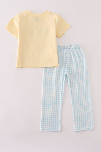 Yellow puppy embroidery gingham pants set