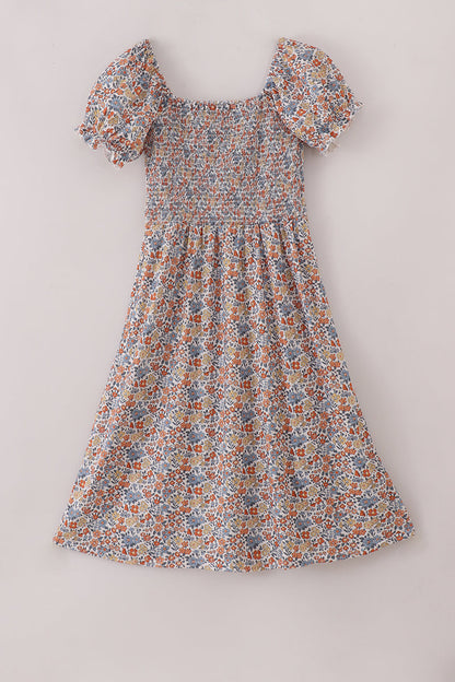 Fall floral print smocked mom dress