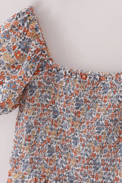 Fall floral print smocked mom dress