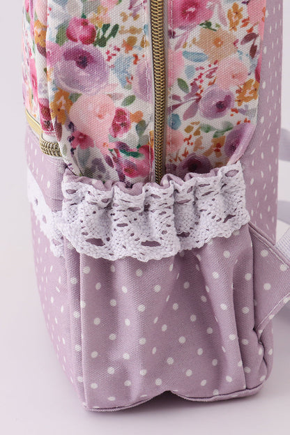 Purple floral print canvas ruffle backpack