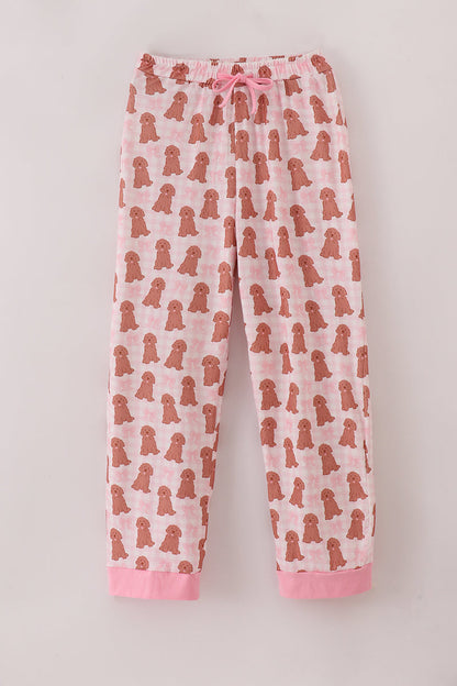 Pink puppy bow print ruffle pajamas mom pants