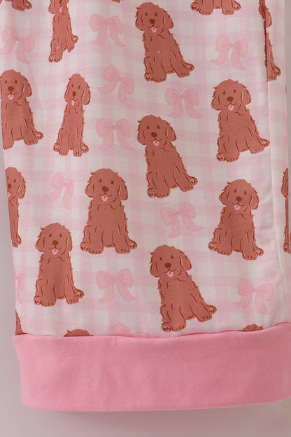 Pink puppy bow print ruffle pajamas mom pants