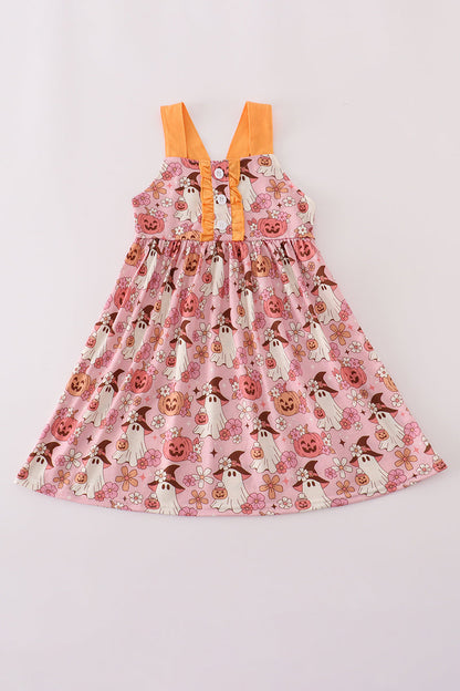 Pink pumpkin ghost print ruffle dress