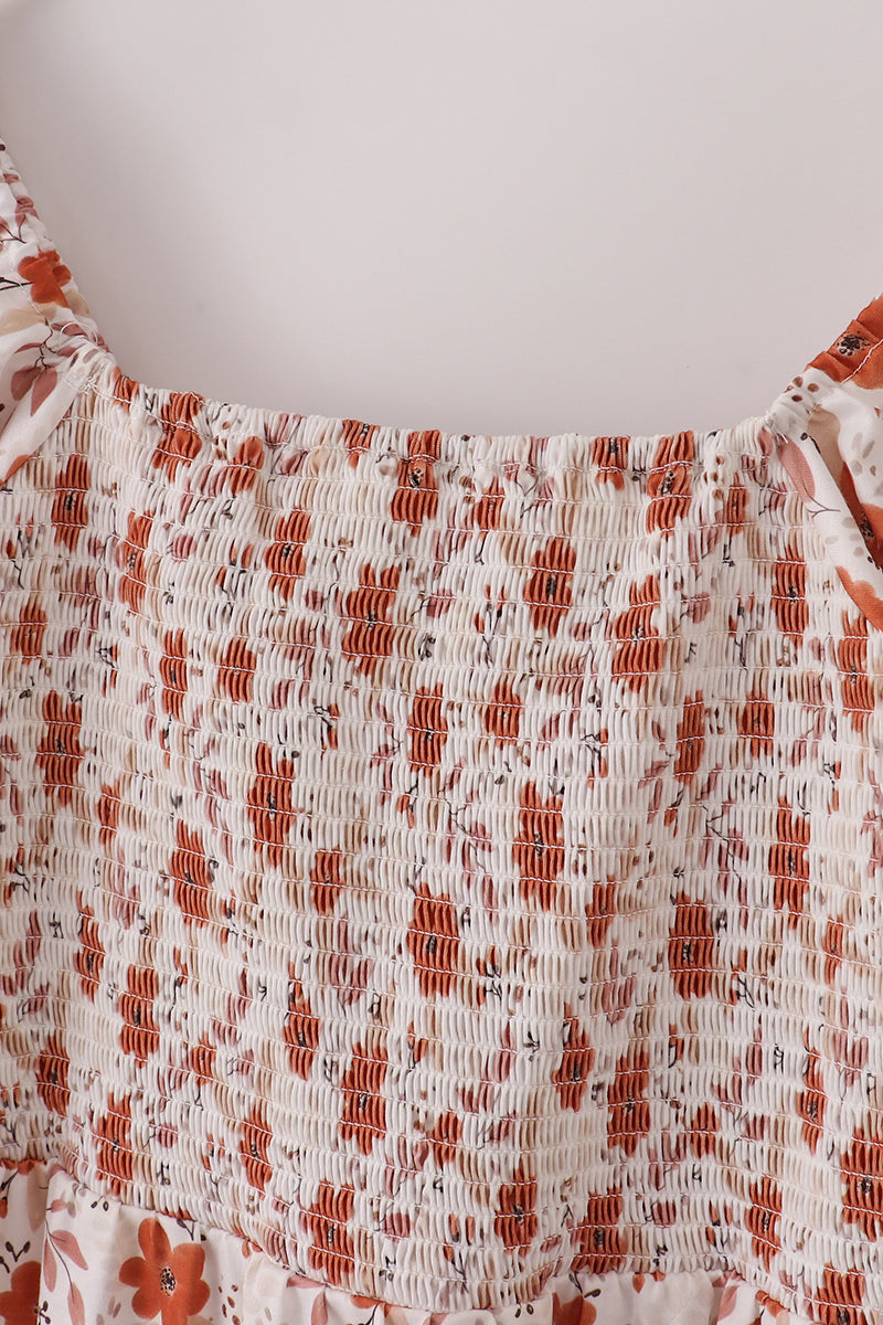 Fall floral print smocked mom dress