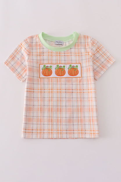 Orange pumpkin embroidery plaid top