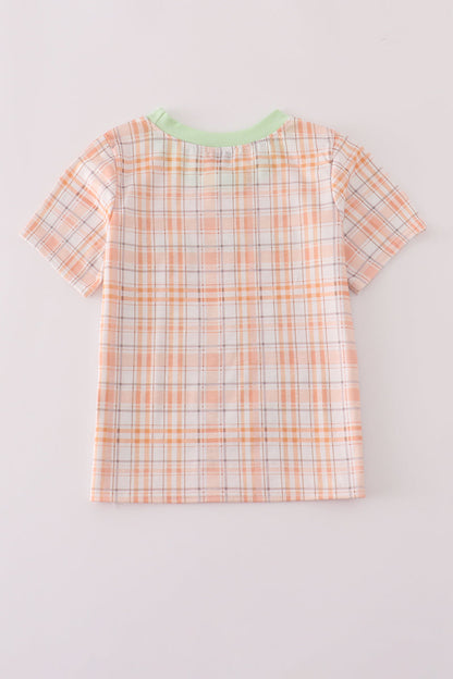 Orange pumpkin embroidery plaid top