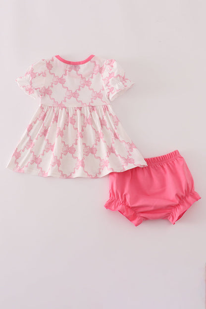 Pink bow tie embroidery ruffle bloomer set
