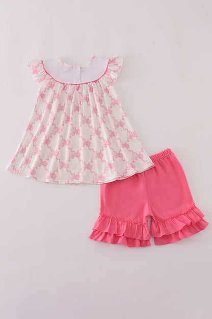 Pink bow tie embroidery ruffle shorts set