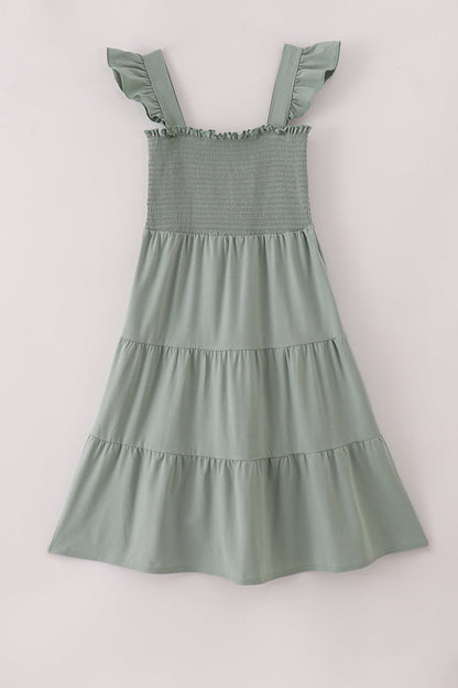 Sage smocked tiered mom dress