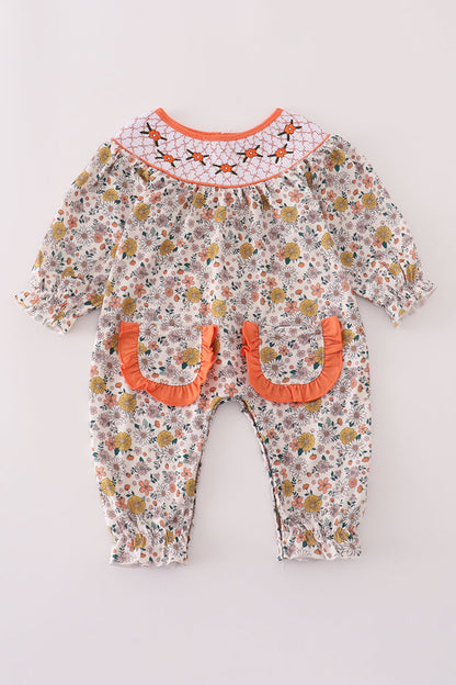 Floral embroidery smocked romper