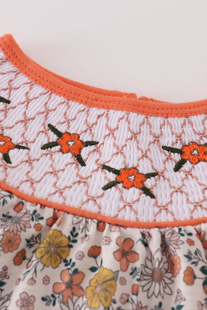 Floral embroidery smocked ruffle pants set