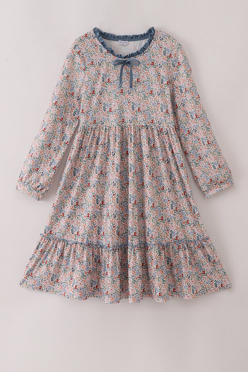 Blue floral print ruffle mom dress