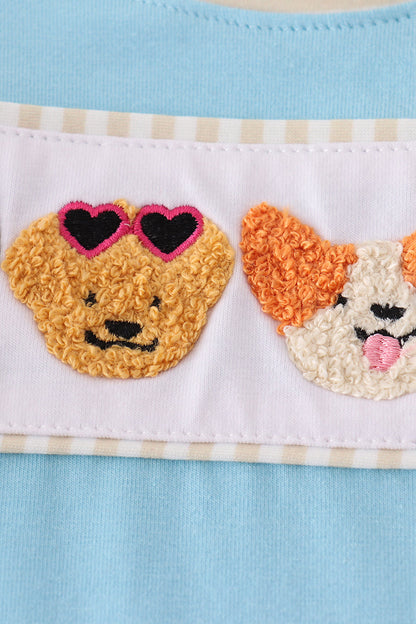 Blue puppy french knot romper