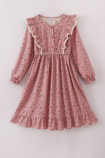 Floral corduroy lace ruffle mom dress