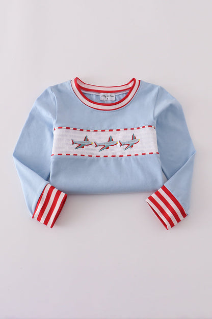 Blue airplane embroidery stripe pants set