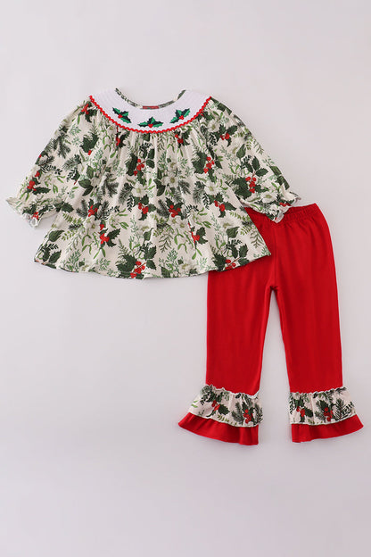 Green holly floral smocked ruffle pants set