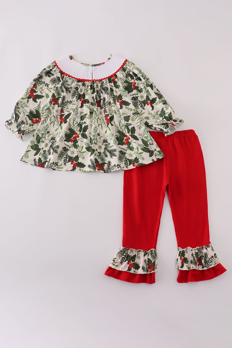 Green holly floral smocked ruffle pants set