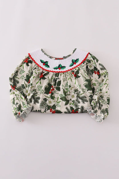 Green holly floral smocked ruffle pants set