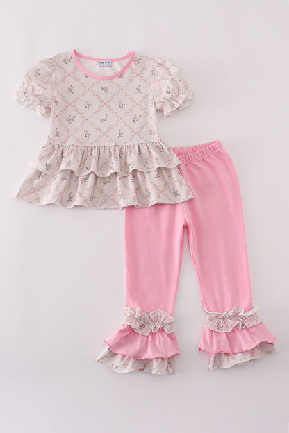 Pink floral print ruffle pants set