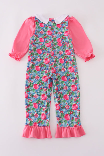 Blue christmas tree smocked ruffle jumpsuit set
