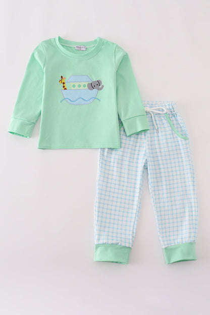 Green Noah's Ark applique ruffle pants set
