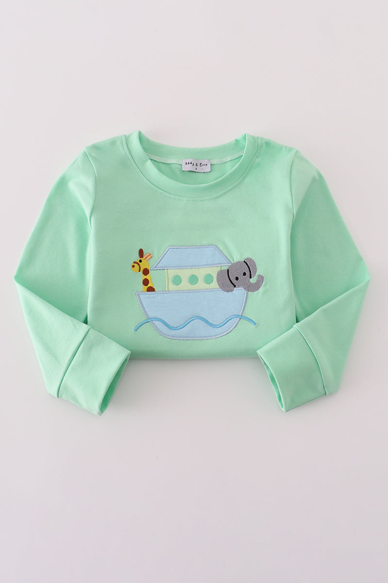 Green Noah's Ark applique ruffle pants set