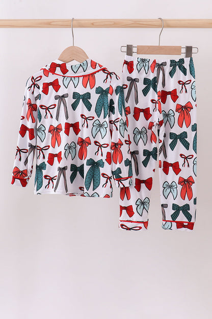 Red bow bamboo girl pajamas pants set