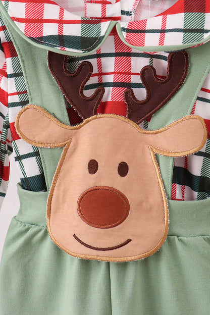 Green christmas reindeer applique plaid 2pc jumpsuit set