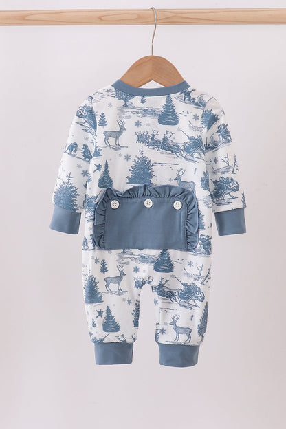 Blue christmas reindeer tree ruffle romper