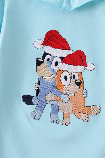 Blue christmas character embroidery ruffle pants set