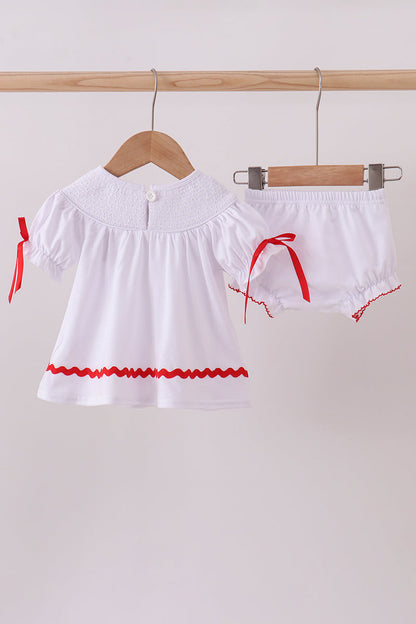 White santa claus smocked bloomer set