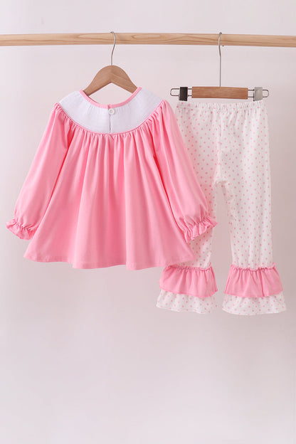 Pink christmas tree smocked ruffle pants set