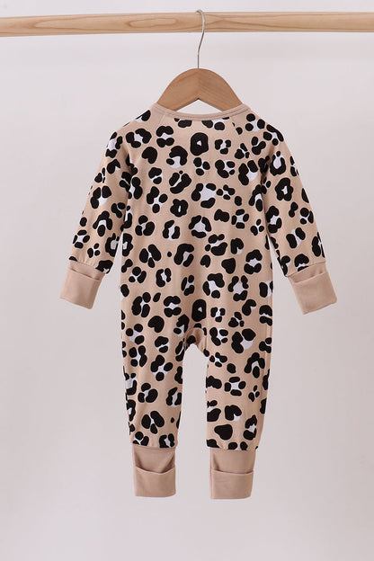 Brown leopard bamboo ruffle zipper romper