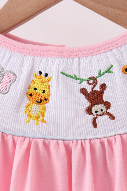 Pink animal smocked ruffle pants set