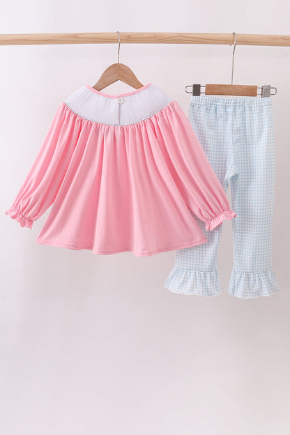 Pink animal smocked ruffle pants set