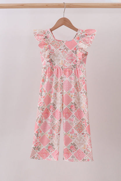 Pink floral checkered ruffle jumpsuit