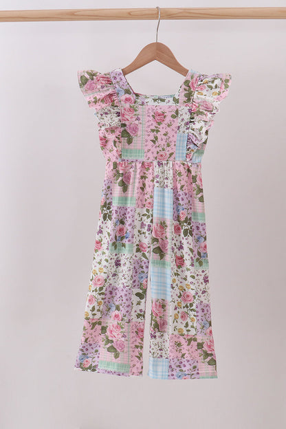 Purple floral checkered ruffle jumpsuit