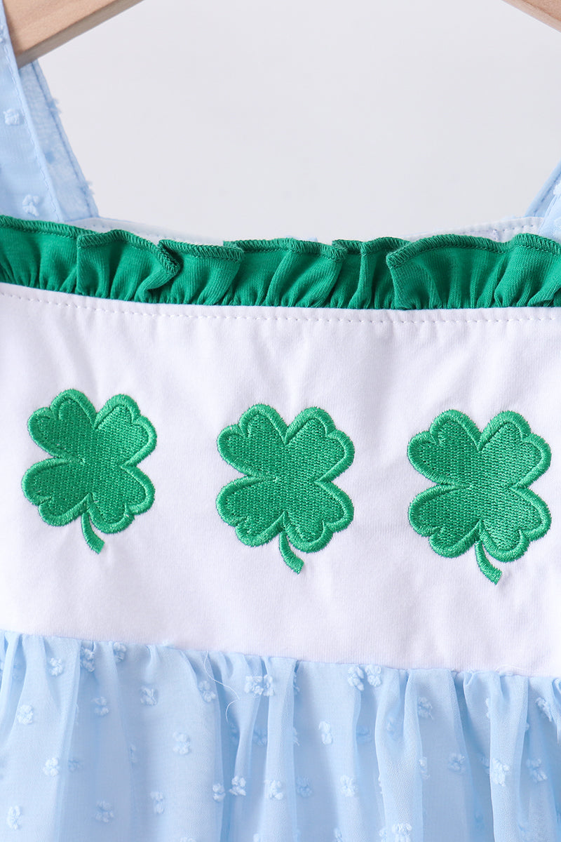 Blue clover embroidery swiss dot shorts set