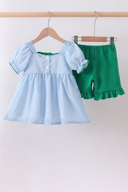 Blue clover embroidery swiss dot shorts set