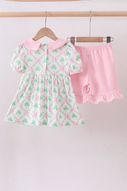 Pink clover bow embroidery shorts set