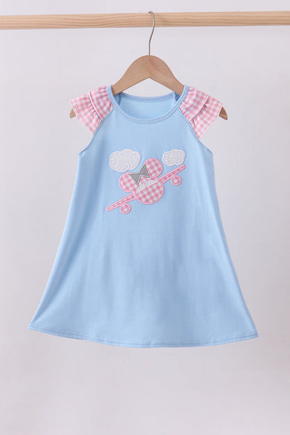 Blue character plane applique ruffle dress