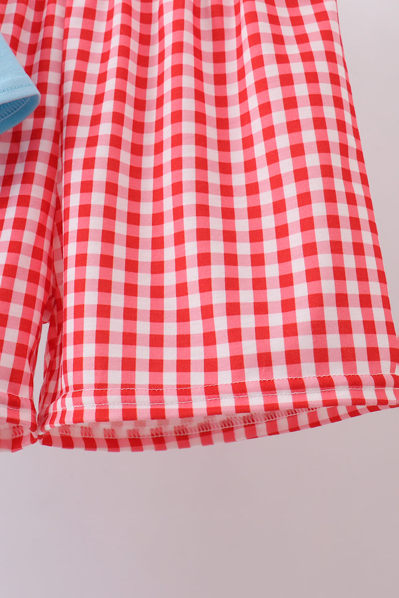 Blue strawberry applique gingham shorts set