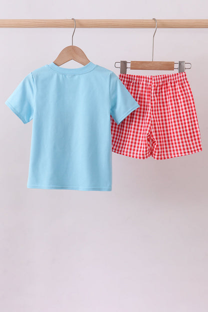 Blue strawberry applique gingham shorts set