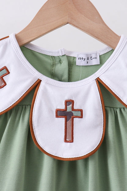 Green camoflage cross applique dress