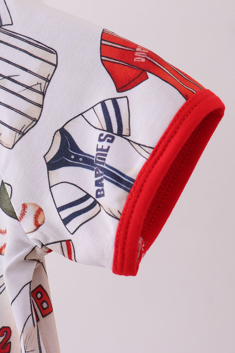 Red baseball bamboo romper