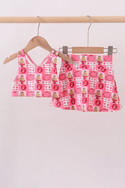 Character checkered print girl skort set
