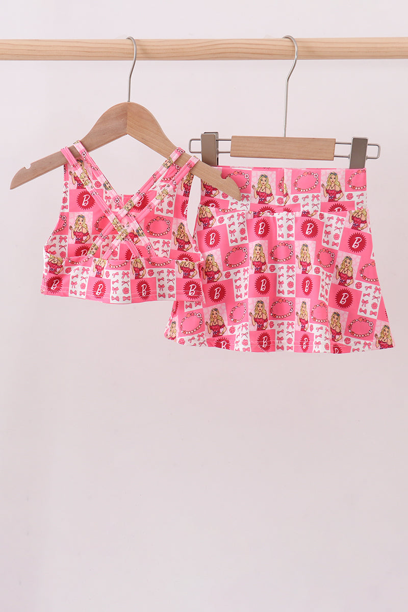 Character checkered print girl skort set