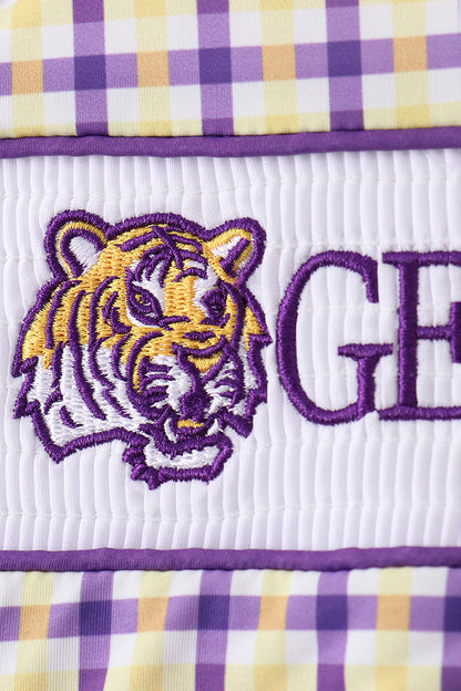 Purple LSU GEAUX smocked swimsuit