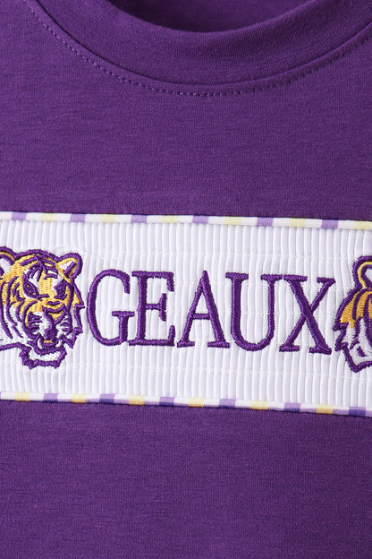 Purple LSU GEAUX smocked gingham shorts set