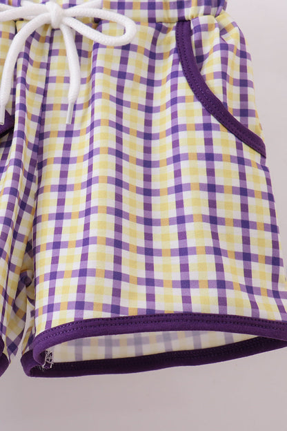 Purple LSU GEAUX smocked gingham shorts set